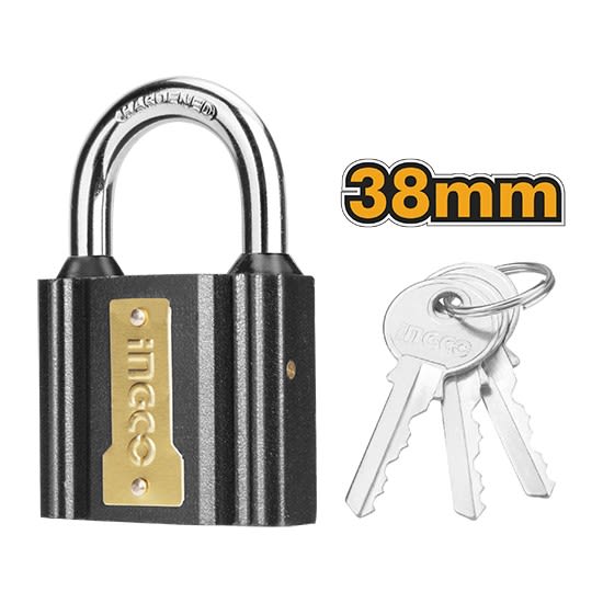 u tamaño de 38 mm es una medida de la anchura del cuerpo del candado, lo cual lo hace versátil y fácil de usar en una gran variedad de aplicaciones, desde cajas de herramientas y lockers personales hasta puertas de acceso a almacenes y equipos de trabajo.