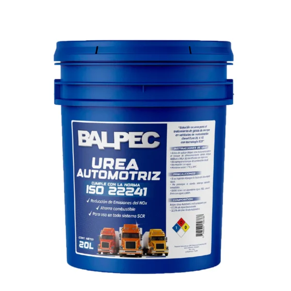 El Adblue Balde 20 Litros Balpec es una solución acuosa de urea (32,5%) altamente purificada. Cuando se inyecta en el sistema SCR, reacciona con el NOx de los gases de escape, transformándolos en nitrógeno y vapor de agua, sustancias inocuas para el medio ambiente.