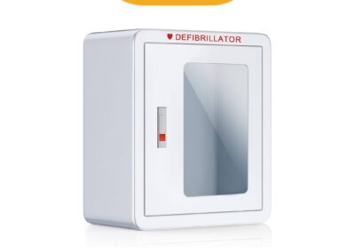 Armario AED ZIPOWEY Montado en la Pared con estructura metálica y ventana transparente.