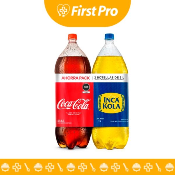 Imagen de un paquete de 4 botellas de gaseosa Inca Kola y/o Coca Cola de 3 litros, mostrando las botellas individuales y el empaque del paquete.