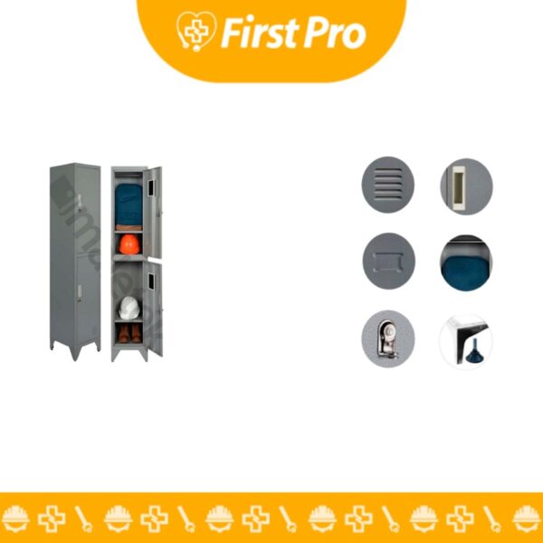 Ficha técnica del casillero metálico de 2 compartimientos, con especificaciones de dimensiones, materiales, tipo de cerradura y capacidad de carga.