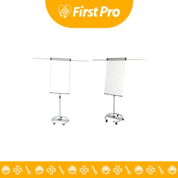 Rotafolios móvil con superficie sólida de escritura y sistema de sujeción de papel ajustable. Ideal para presentaciones y capacitaciones.