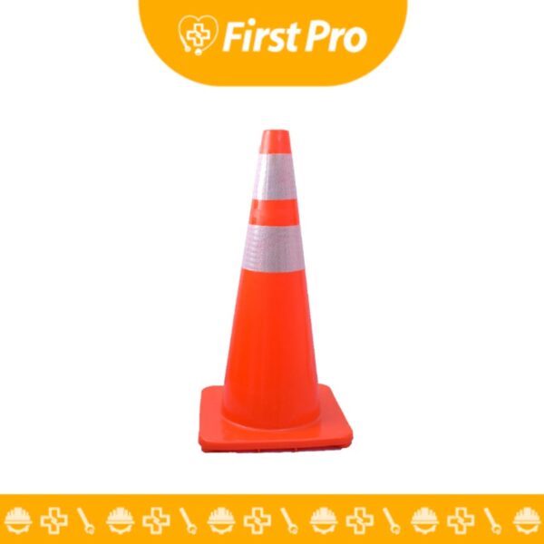 Cono de seguridad PVC 70 cm (28") liviano con cinta reflectiva, ideal para señalización en obras viales, eventos y situaciones de emergencia.