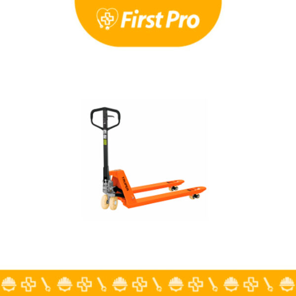 Stoka hidráulica Truper de 3 toneladas con ruedas de nylon de alta resistencia que no rayan superficies. Ideal para mover palets y cargas pesadas en almacenes y talleres con seguridad y eficiencia.