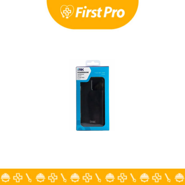 Power Bank ITEC 20000 mAh negro con pantalla digital y cable integrado. Carga múltiple para tus dispositivos. ¡Energía portátil siempre contigo!