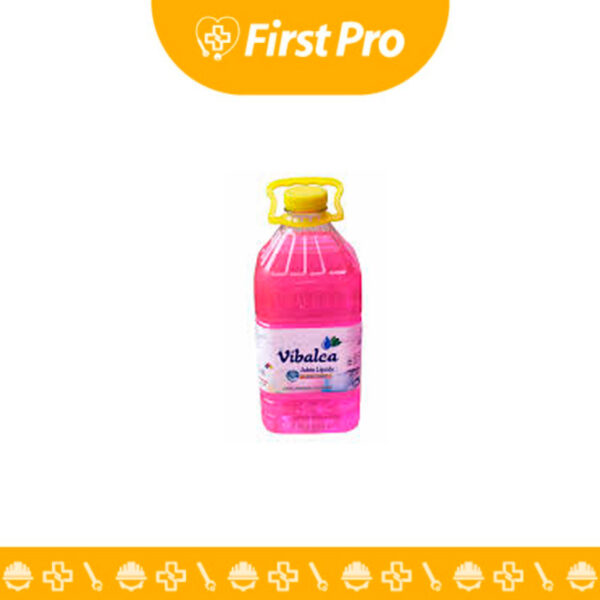 Envase de plástico tipo galón (aproximadamente 3.785 L) de Jabón Líquido para Manos VIBALCA, de color generalmente translúcido o perlado, con tapa de seguridad. La etiqueta resalta la marca VIBALCA, el volumen del galón y su función antibacterial y humectante.