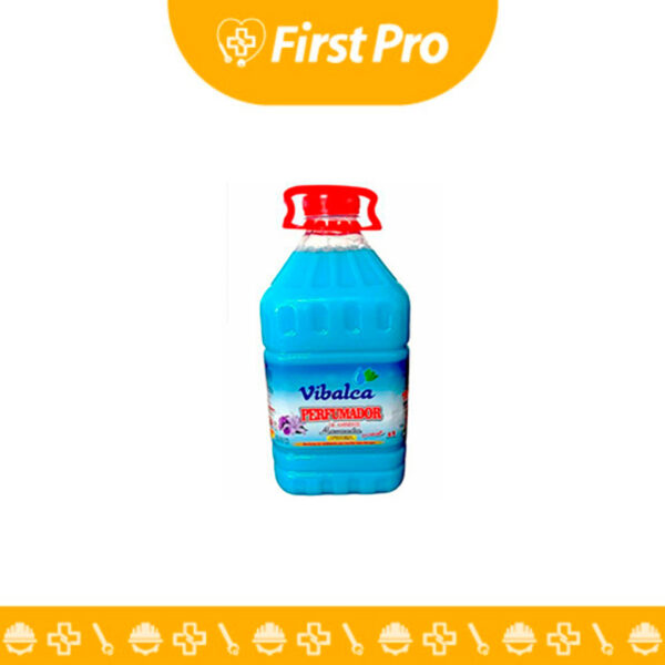 Envase de plástico tipo galón (3.785 L) de Ambientador VIBALCA líquido (generalmente de color vivo o traslúcido, según el aroma). La etiqueta institucional destaca la marca VIBALCA, el volumen del galón, y las propiedades de perfumado concentrado y larga duración.