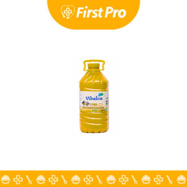 Envase de Galón (4 litros) de Cera Autobrillante Líquida Amarilla de la marca VIBALCA, con tapa y etiquetado visible, destacando la palabra "Autobrillante" y su uso en pisos.