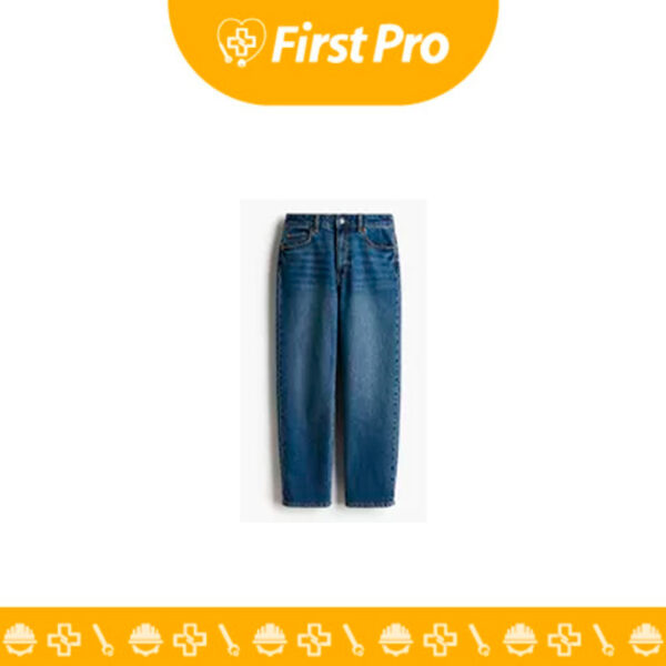 Pantalón jean industrial de denim azul oscuro de 14 oz, con corte clásico de cinco bolsillos, bota recta y costuras de seguridad reforzadas. Ideal para trabajo pesado en construcción y mecánica.