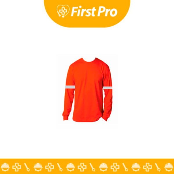 Polo manga larga de alta visibilidad en color amarillo flúor con dos cintas reflectivas grises de 2 pulgadas en el torso y las mangas. Tejido de poliéster transpirable, ideal para seguridad industrial.