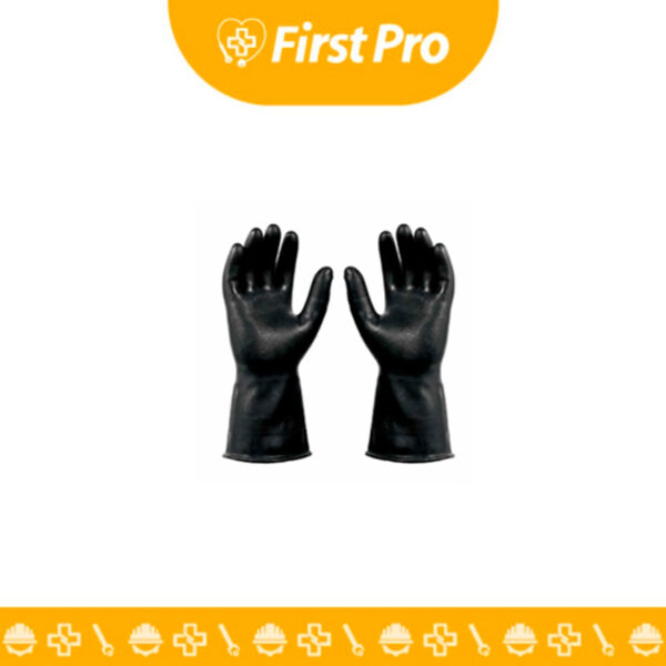 Par de guantes de jebe industriales (látex de caucho natural), color negro o verde, de calibre 35 y longitud extendida (12 a 18 pulgadas), con palma texturizada para agarre antideslizante. EPP certificado para protección química y mecánica.