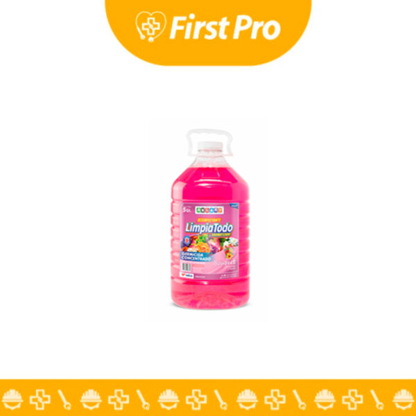 Bidón de plástico azul/blanco de 5 litros (o galón industrial) de Limpiatodo Multiusos Concentrado. El envase está etiquetado con información de producto industrial, indicando su uso como limpiador y desinfectante para múltiples superficies.