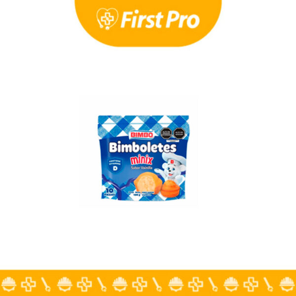 Bolsa (doypack) de Bimboletes Minix 130g de la marca Bimbo, conteniendo aproximadamente 10 unidades de mini kekes o bizcochos sabor vainilla con chispas de chocolate. El empaque destaca por su diseño práctico y por incluir los octógonos de advertencia nutricional (Alto en Azúcares, Alto en Grasas Saturadas).