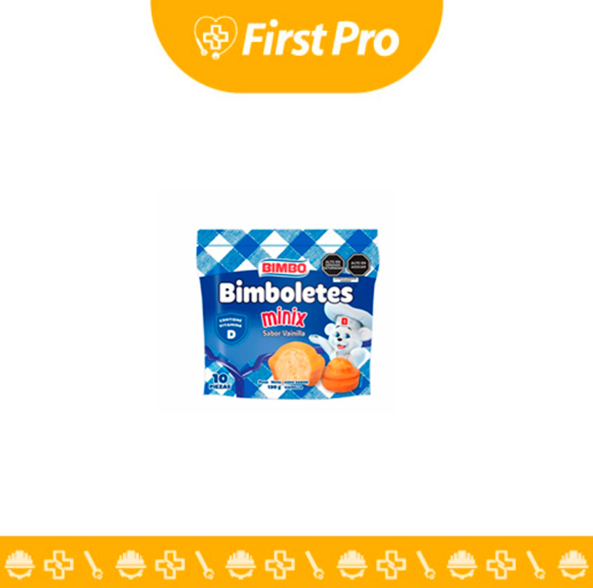 Bolsa (doypack) de Bimboletes Minix 130g de la marca Bimbo, conteniendo aproximadamente 10 unidades de mini kekes o bizcochos sabor vainilla con chispas de chocolate. El empaque destaca por su diseño práctico y por incluir los octógonos de advertencia nutricional (Alto en Azúcares, Alto en Grasas Saturadas).