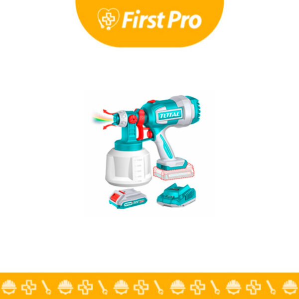 Fotografía de la Pistola para Pintar Inalámbrica 800 ml 20V TOTAL (Modelo TSGLI2003 o TSGLI2004) en su característico color turquesa y negro. Muestra el cuerpo principal con el depósito de pintura transparente de 800 ml (o 1000 ml) en la parte inferior, el mango ergonómico y, posiblemente, la batería de 20V acoplada en la base. El enfoque debe estar en su diseño compacto y listo para usar.