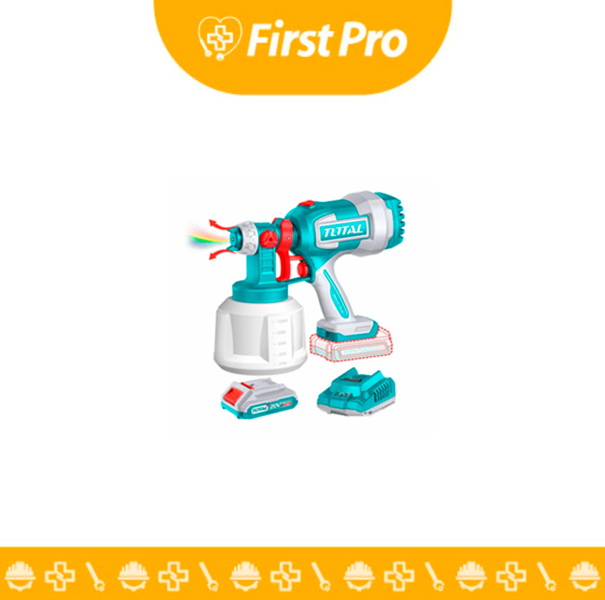 Fotografía de la Pistola para Pintar Inalámbrica 800 ml 20V TOTAL (Modelo TSGLI2003 o TSGLI2004) en su característico color turquesa y negro. Muestra el cuerpo principal con el depósito de pintura transparente de 800 ml (o 1000 ml) en la parte inferior, el mango ergonómico y, posiblemente, la batería de 20V acoplada en la base. El enfoque debe estar en su diseño compacto y listo para usar.