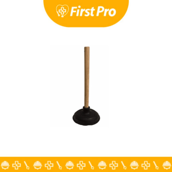 Desatorador de jebe negro o rojo para WC de uso profesional. Se observa el chupón o copa de goma (jebe) con brida de sellado y un mango largo de madera o plástico para inodoros.