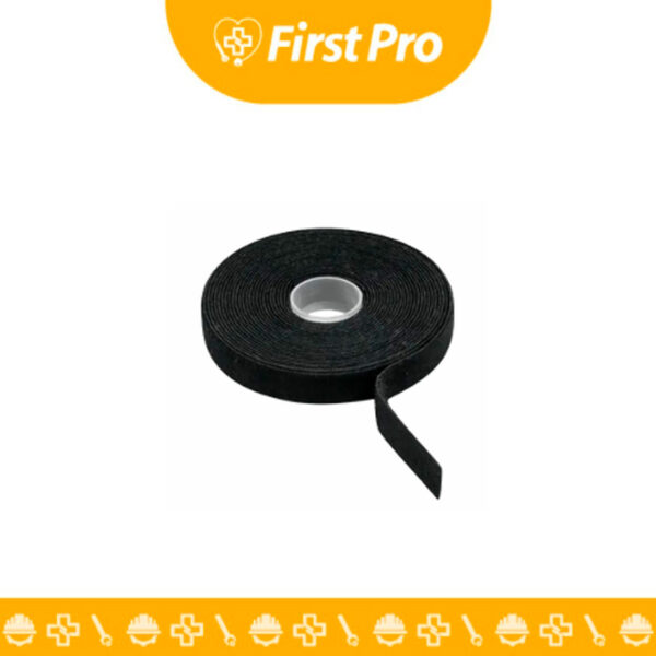 Rollo de Cinta Velcro 20mm x 5 Metros LT USA, color negro. La imagen muestra el rollo completo, destacando la superficie dual de gancho (hook) y bucle (loop), y la cara posterior con el papel protector del adhesivo acrílico. Se aprecian las dimensiones de 20 mm de ancho, ideal para una fijación profesional.