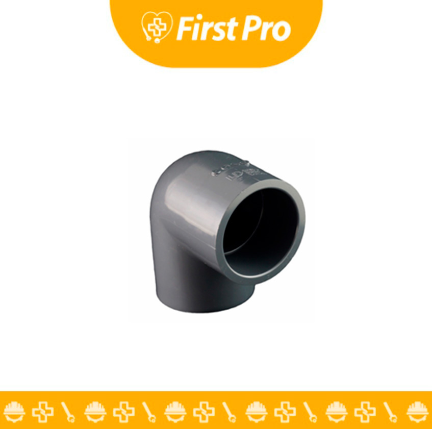 Primer plano de un Codo PVC 90° Cédula 80 de 2 pulgadas, de color gris oscuro. Se aprecian sus dos extremos con conexión tipo socket (cementar) y su pared visiblemente gruesa que denota la clasificación Cédula 80.