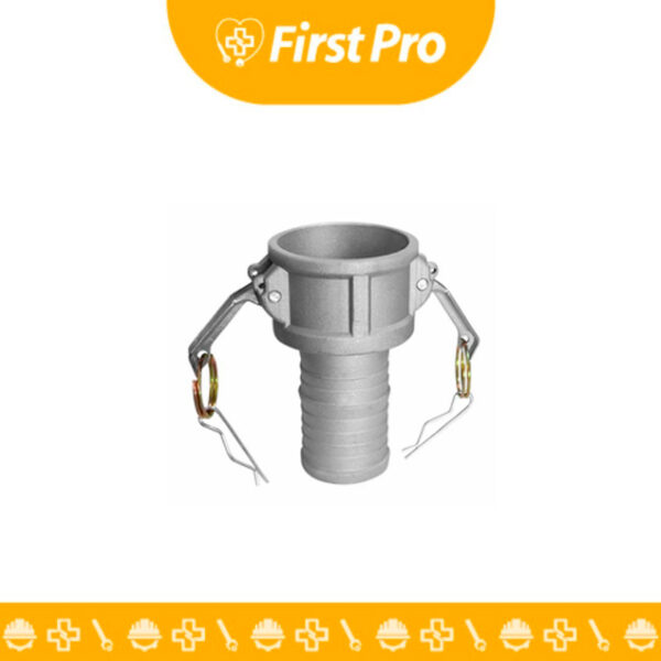 Acople Rápido Camlock de 2" Tipo C, en un plano que muestra claramente el cuerpo del acoplador (hembra) con los dos brazos de leva abiertos y la espiga o cola de manguera en el extremo opuesto. El material (ej. aluminio o acero inoxidable) debe ser visible. El enfoque debe estar en el mecanismo de leva, sugiriendo la facilidad y rapidez de la conexión a mangueras de $2$ pulgadas.