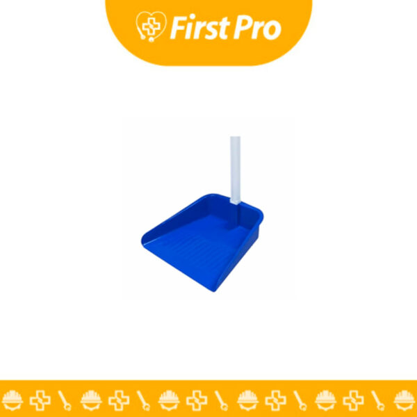Recogedor de plástico industrial de color, con pala de boca ancha y mango largo ergonómico, diseñado para recolección de residuos sólidos en posición vertical sin agacharse.