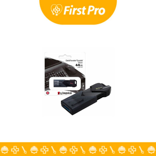 Memoria USB Kingston 64 GB Negra (100 MB/s) en un primer plano. La imagen debe mostrar el diseño específico de la unidad (ej. DataTraveler), destacando el color negro uniforme y el logotipo de Kingston. Se debe apreciar claramente la capacidad grabada (64 GB) y, si es visible, la mención de la velocidad o el estándar USB (3.0). El enfoque debe estar en el diseño compacto y la textura de la carcasa.