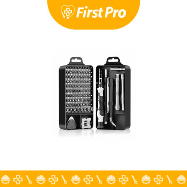 Kit de Reparación Profesional de Herramientas (Mini Destornillador para Laptop). La imagen debe mostrar el estuche abierto, exhibiendo el mango del destornillador de precisión (con su punta giratoria) en el centro y una matriz organizada de puntas intercambiables alrededor. Es recomendable incluir algunas herramientas auxiliares (palancas plásticas o pinzas) para enfatizar la naturaleza profesional y completa del kit.