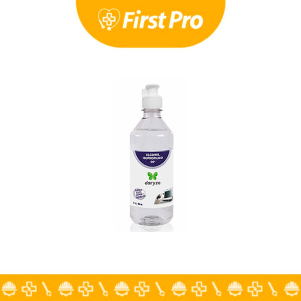 Botella o Envase de Alcohol Isopropílico – 500 ml en un primer plano. La imagen debe destacar claramente el etiquetado que indique "Alcohol Isopropílico" o "Isopropanol" y la concentración de alta pureza (ej. $99.8\%$ o más). El volumen de 500 ml también debe ser visible. El enfoque debe estar en la transparencia del líquido y la seguridad del envase (tapa de seguridad).