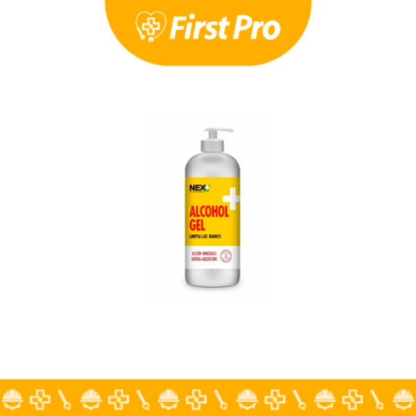 Envase de Alcohol en Gel NEX de 1 Litro con una Tapa Pump claramente visible en la parte superior. La botella debe ser grande y robusta, con la etiqueta de la marca NEX que indique la alta concentración de alcohol (ej. $70\%$). Se puede mostrar una pequeña cantidad de gel en la boquilla o sobre una mano para ilustrar la textura y el método de dispensación.