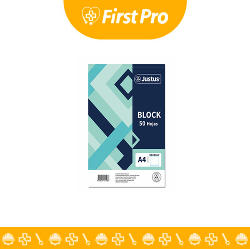 Block de hojas de la marca Justus en tamaño A4. El block contiene 50 hojas con lineado Decroly (o Croly). Se observa el lateral izquierdo con 5 perforaciones y un borde engomado o de pegamento para facilitar el desglose individual de las hojas. La carátula (si aplica) presenta un diseño escolar o de oficina simple.