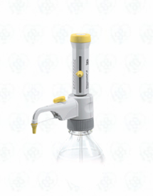 Dispensador analógico Dispensette® S Organic montado en frasco para dosificación precisa de líquidos.