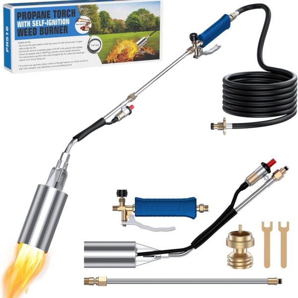 Antorcha quemador de malezas de propano con manguera de 11.5 pies, desmalezadora de llama resistente autoencendido con gatillo turbo, antorcha ajustable para exteriores, para entrada, jardín, patio