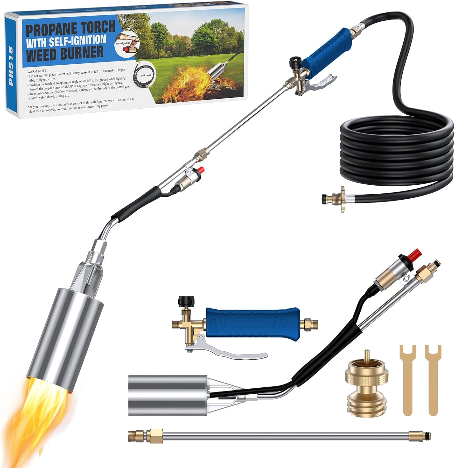 Antorcha quemador de malezas de propano con manguera de 11.5 pies, desmalezadora de llama resistente autoencendido con gatillo turbo, antorcha ajustable para exteriores, para entrada, jardín, patio