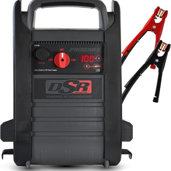 Arrancador de batería Schumacher Electric DSR ProSeries - Arrancador de coche 12V/24V de pico de 4400 Amp, caja de salto y estación de energía portátil - Pantalla digital, cables de refuerzo | DSR Pro-Grade, 4400A – AGM Powered – 12V DC & USB Portable Power – 12V/24V Auto,