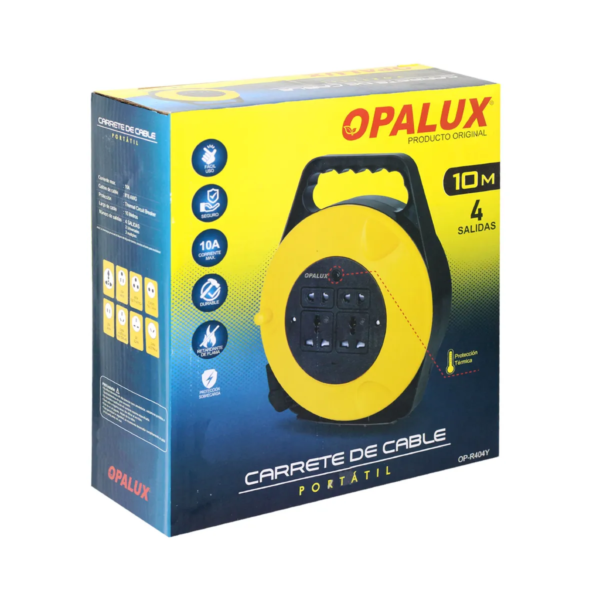 CARRETE DE EXTENSIÓN 10MTS 4 TOMAS OPALUX OP-R404Y