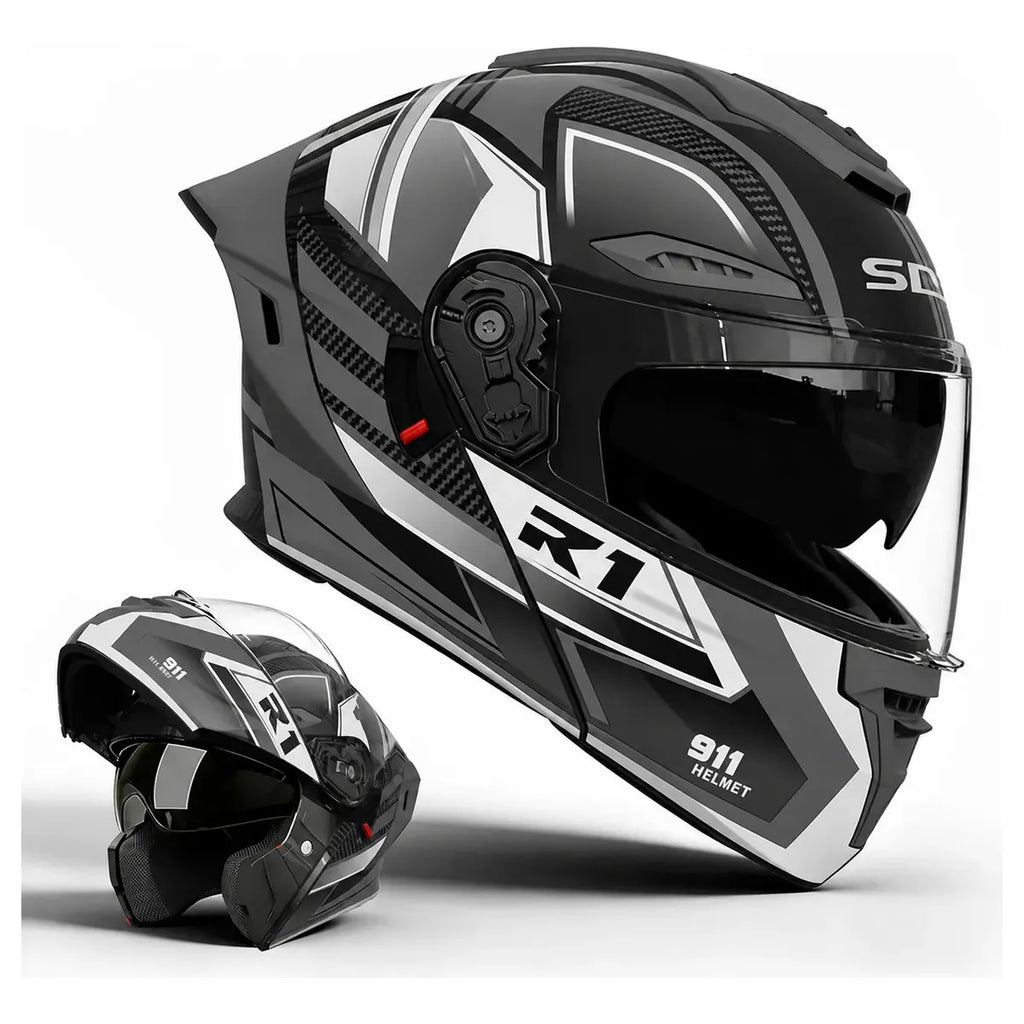 Casco Moto Nitro Articulado Gris Blanco