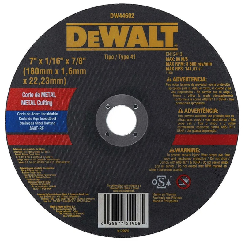 Disco de Corte 7″ x 1.6mm x 7/8″ para Metal y Acero Inoxidable Dewalt DW44602