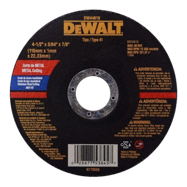 Disco de corte de metal 4 1/2" x 3/64" x 7/8" DeWalt