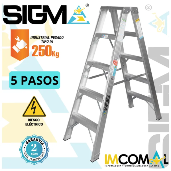 Escalera Aluminio Tijera Doble Acceso de 5 Pasos. Cap. Max. de Carga 250 Kg. Tipo IA Industrial Pesado