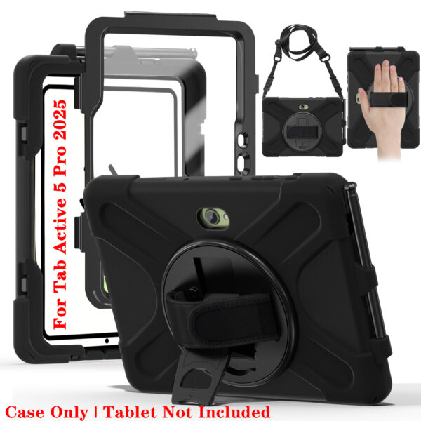 Funda para Galaxy Tab Active Pro/Tab Active Pro (10,1") 2025/2022 con protección total contra caídas, protector de pantalla, soporte para lápiz y asa giratoria 360° - Negro