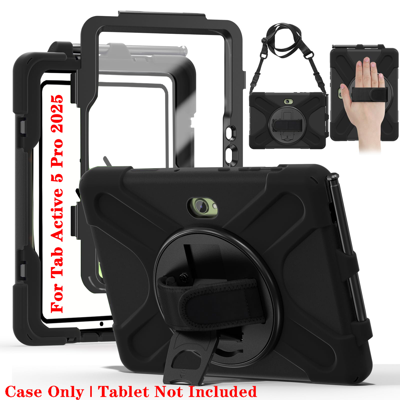 Funda para Galaxy Tab Active Pro/Tab Active Pro (10,1″) 2025/2022 con protección total contra caídas, protector de pantalla, soporte para lápiz y asa giratoria 360° – Negro