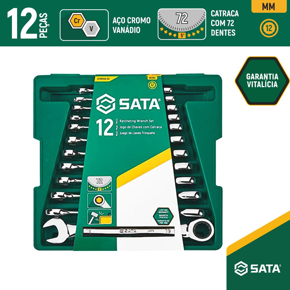 JUEGO DE LLAVES MIXTAS CON RATCHET 12PCS 8-19MM SATA