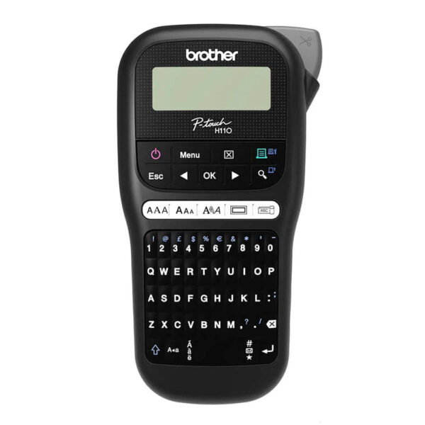 Rotuladora portátil Brother PTH110BK para imprimir etiquetas, diseño ergonómico, 3 fuentes, 14 encuadres y más de 250 símbolos