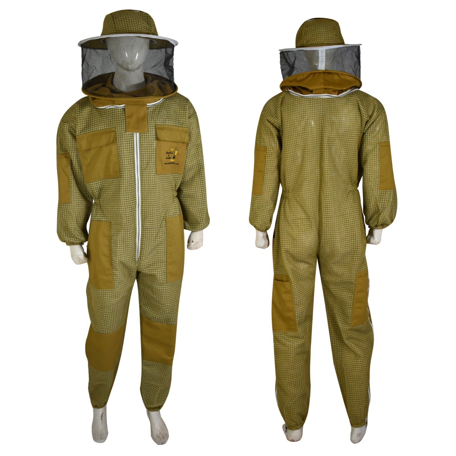 Traje Completo de Apicultura Ventilado de Malla de 3 Capas con Capucha Redonda en Caqui