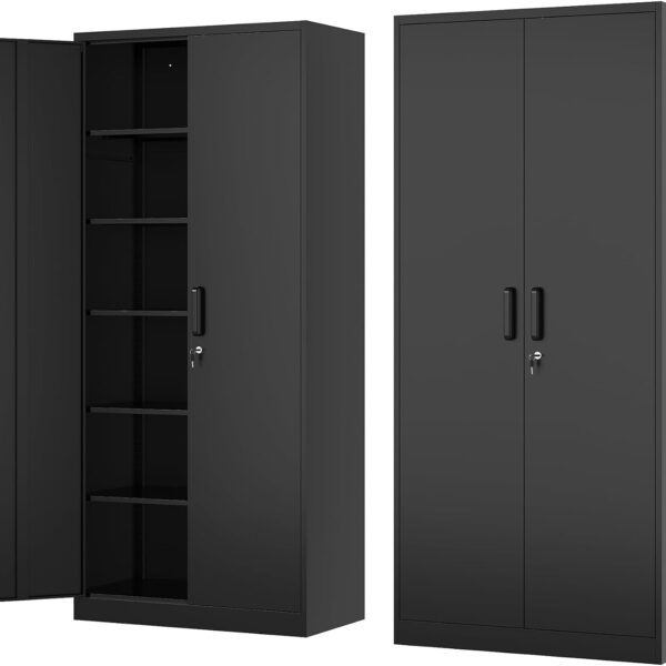 Armario de almacenamiento de metal, archivadores de acero de 71 pulgadas de alto con puertas con cerradura y estantes ajustables, gabinete de almacenamiento de acero negro para el hogar