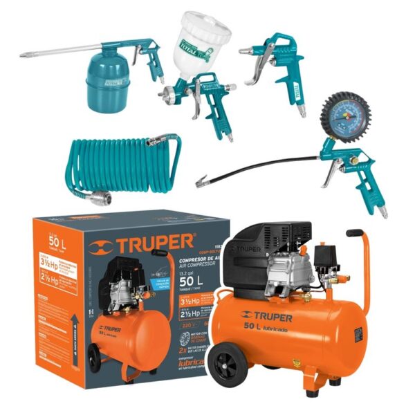 Compresora 50 Litros Truper + Kit Neumático 5 piezas Total
