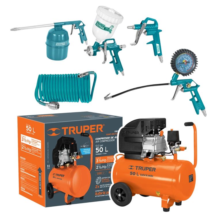 Compresora 50 Litros Truper + Kit Neumático 5 piezas Total