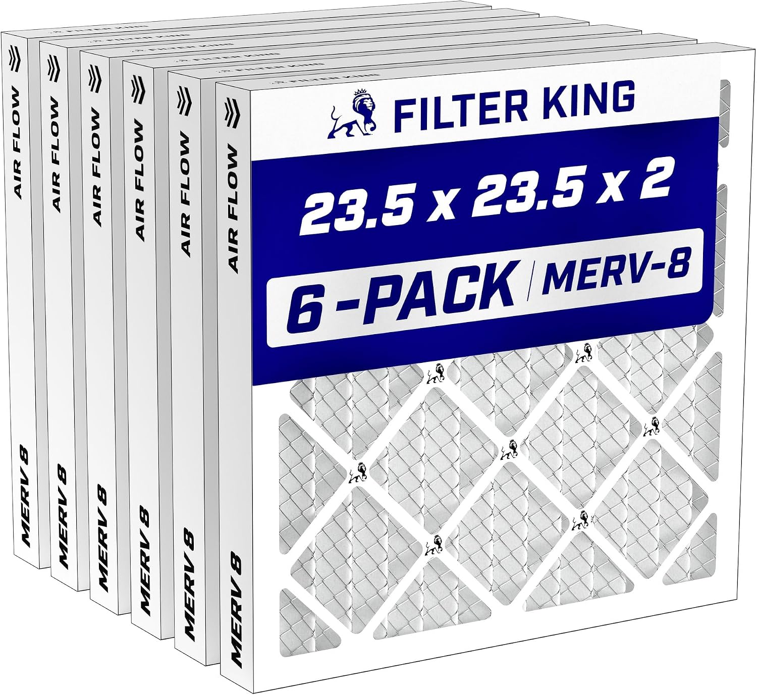 Filter King Filtro de aire de 23.5 x 23.5 x 2 pulgadas | Paquete de 6 filtros de horno plisados MERV 8 HVAC para A/C | Fabricado en Estados Unidos | Tamaño real: 23.1 x 23.1 x .75 pulgadas