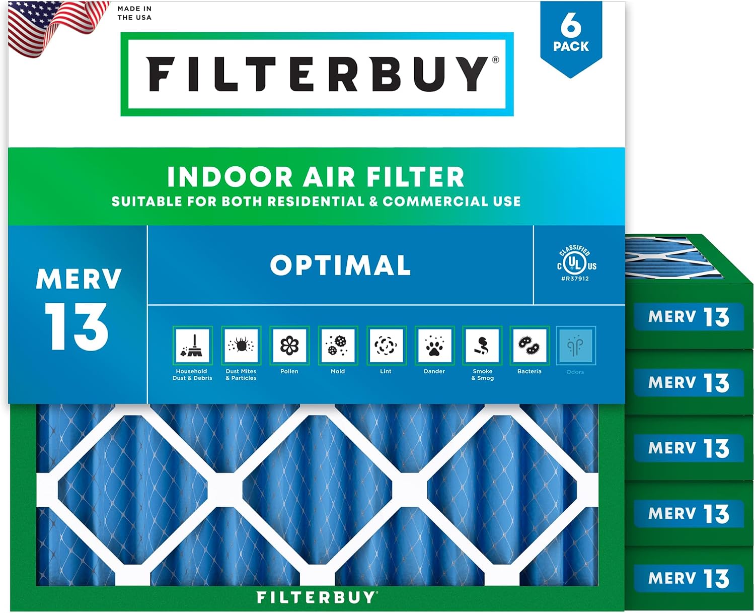 Filterbuy Filtro de aire de 23.5 x 23.5 x 2 MERV 13 Defensa contra el humo