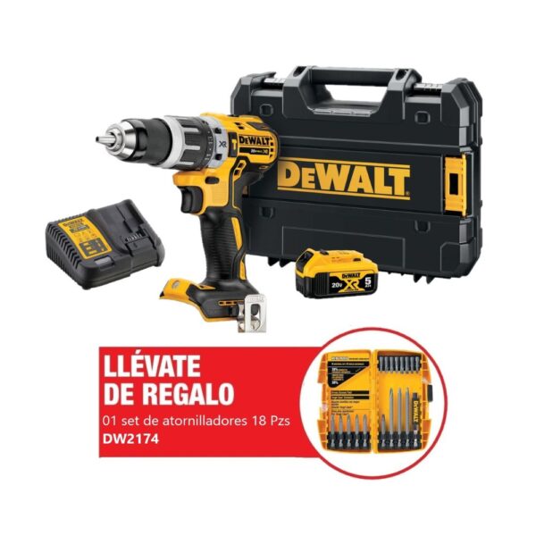 Taladro Percutor 1/2" 20V XR + Batería + Cargador + Set para Atornilladores 18 piezas + Maleta plástica DCD796P1-K6 Dewalt